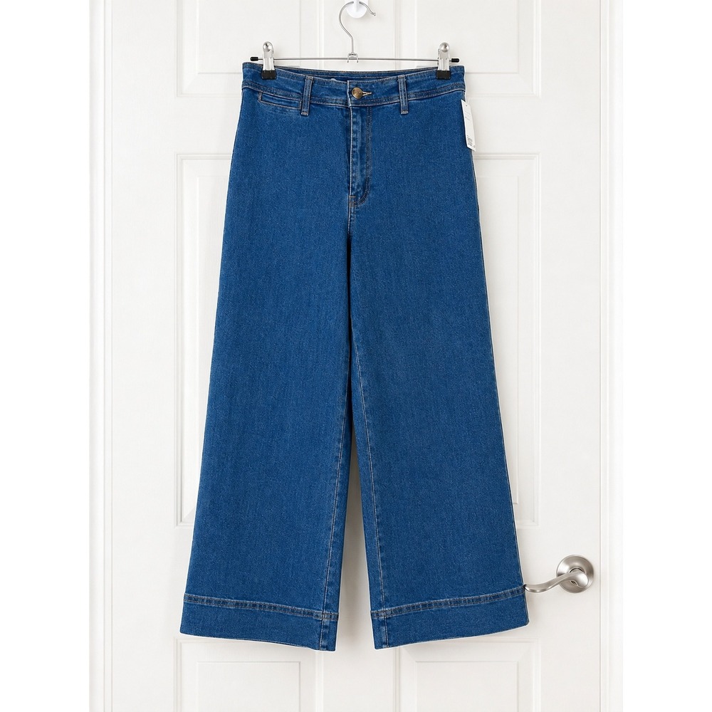 H&M NWT High Rise Wide Leg Crop Trouser Jeans Size 8 Medium Wash Cotton Stretch